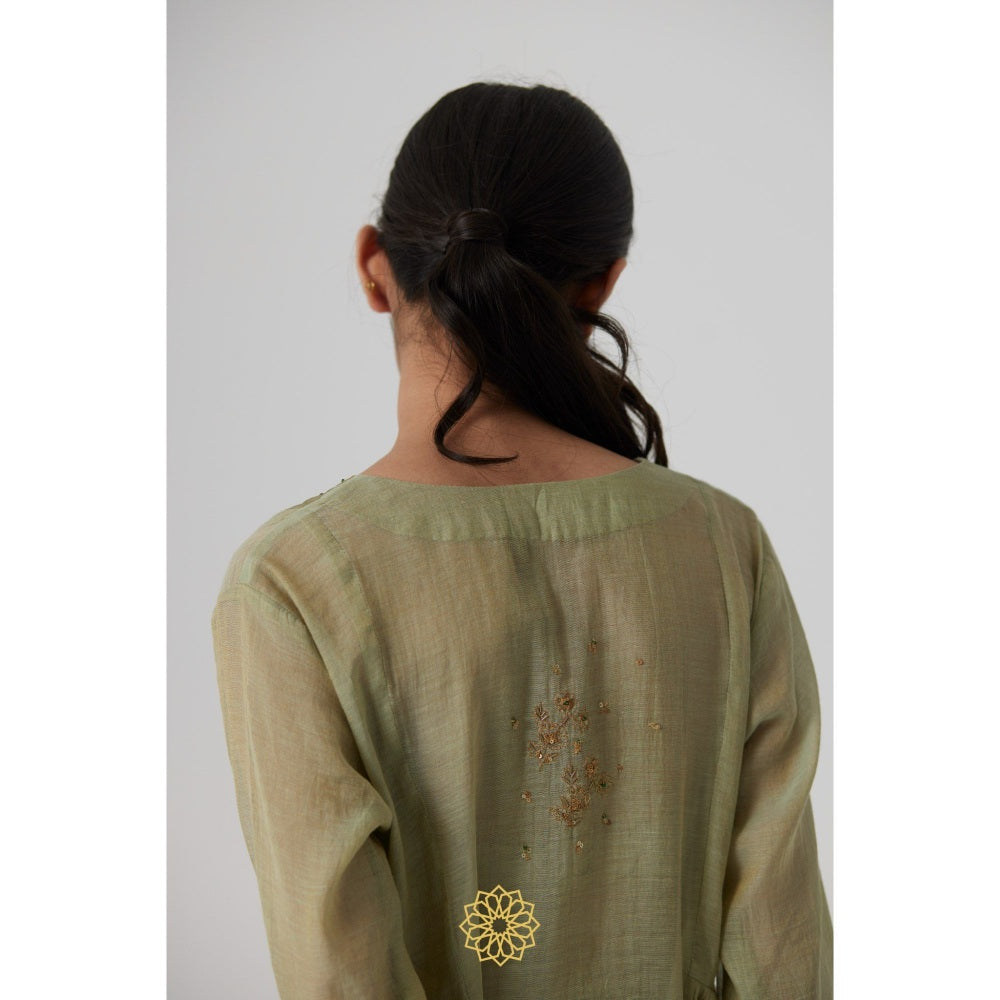 Rhua India Green Mihika Gathered Anarkali with Slip, Palazzo and Dupatta (Set of 4)