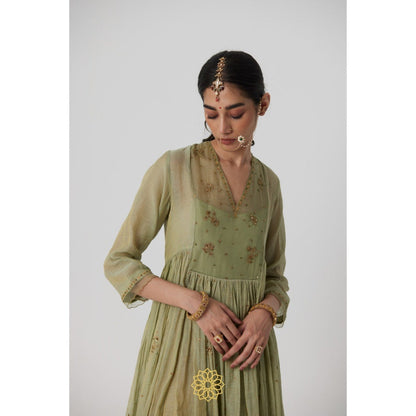 Rhua India Green Mihika Gathered Anarkali with Slip, Palazzo and Dupatta (Set of 4)