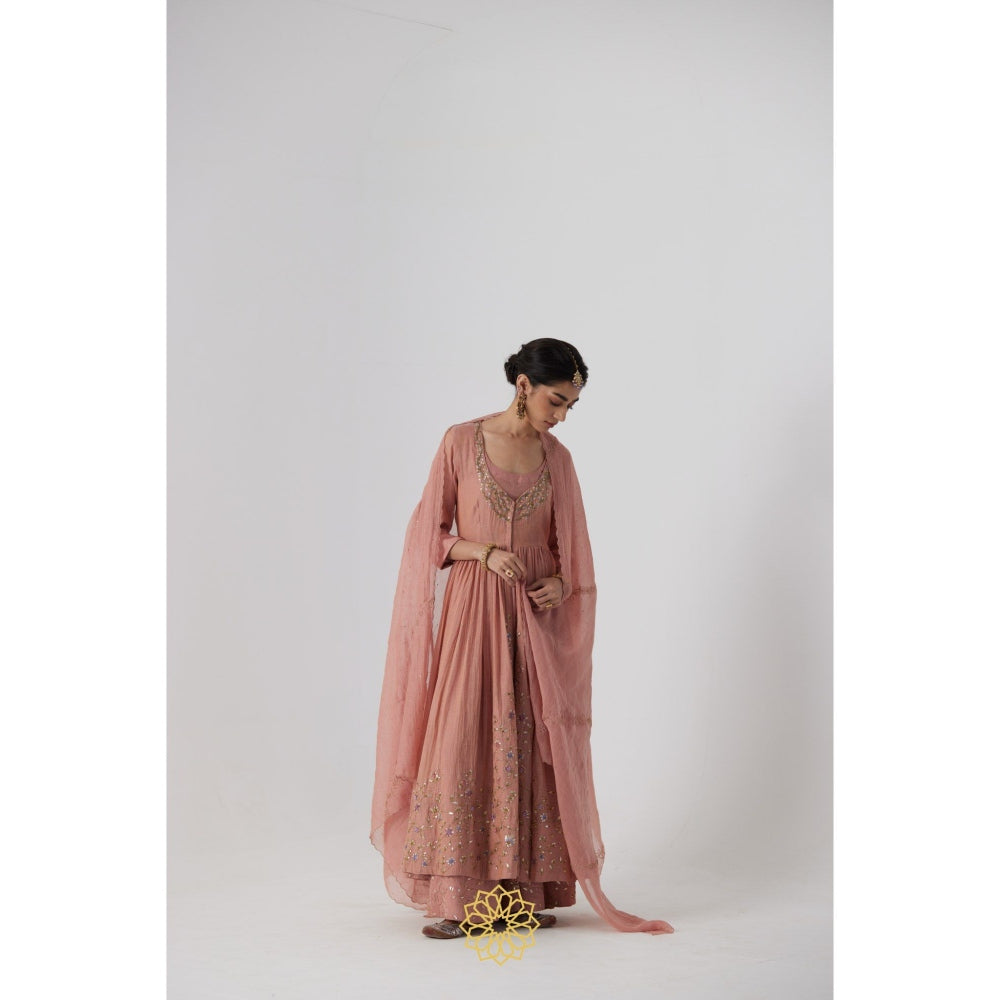 Rhua India Pink Akriti Anarkali with Pant, Dupatta and Slip (Set of 4)