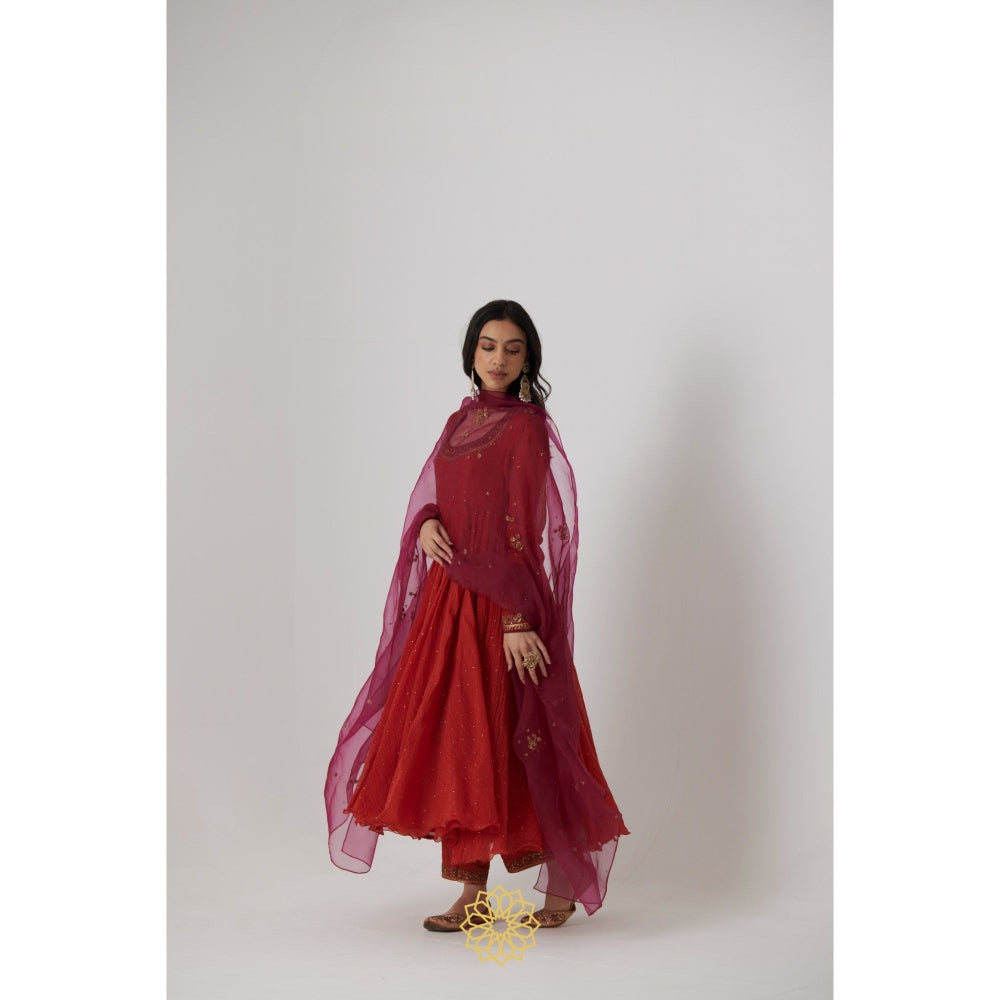 Rhua India Red Mitali Anarkali with Pant and Dupatta (Set of 3)