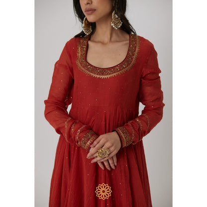 Rhua India Red Mitali Anarkali with Pant and Dupatta (Set of 3)