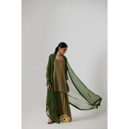 Rhua India Green Nirja Short Kurta with Palazzo and Dupatta (Set of 3)