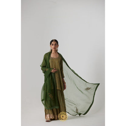 Rhua India Green Nirja Short Kurta with Palazzo and Dupatta (Set of 3)