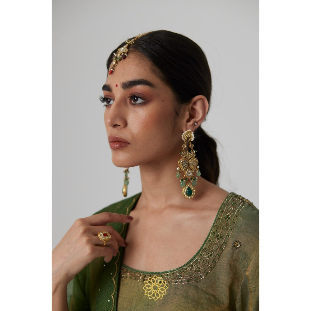 Rhua India Green Nirja Short Kurta with Palazzo and Dupatta (Set of 3)