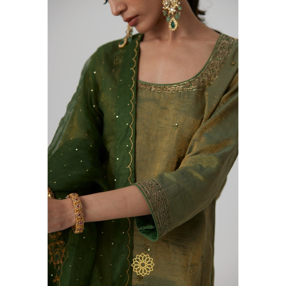 Rhua India Green Nirja Short Kurta with Palazzo and Dupatta (Set of 3)