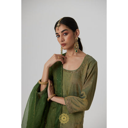 Rhua India Green Nirja Short Kurta with Palazzo and Dupatta (Set of 3)