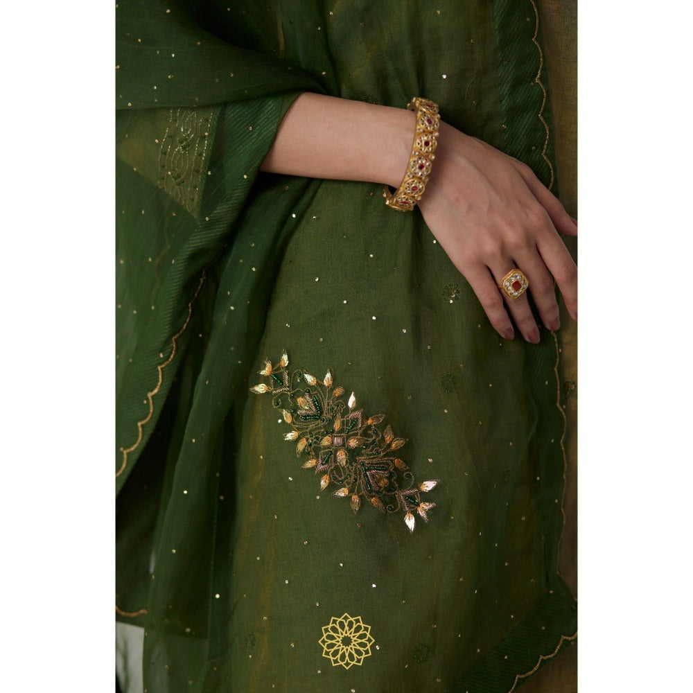 Rhua India Green Nirja Short Kurta with Palazzo and Dupatta (Set of 3)