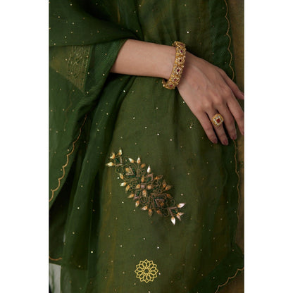 Rhua India Green Nirja Short Kurta with Palazzo and Dupatta (Set of 3)