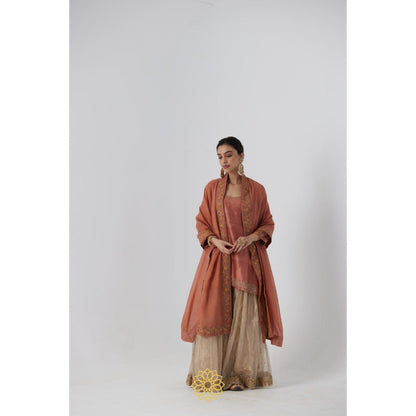 Rhua India Peach Tanira Short Kurta with Sharara and Dupatta (Set of 3)