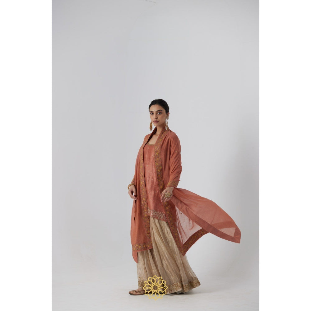 Rhua India Peach Tanira Short Kurta with Sharara and Dupatta (Set of 3)