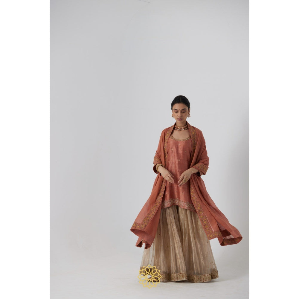 Rhua India Peach Tanira Short Kurta with Sharara and Dupatta (Set of 3)