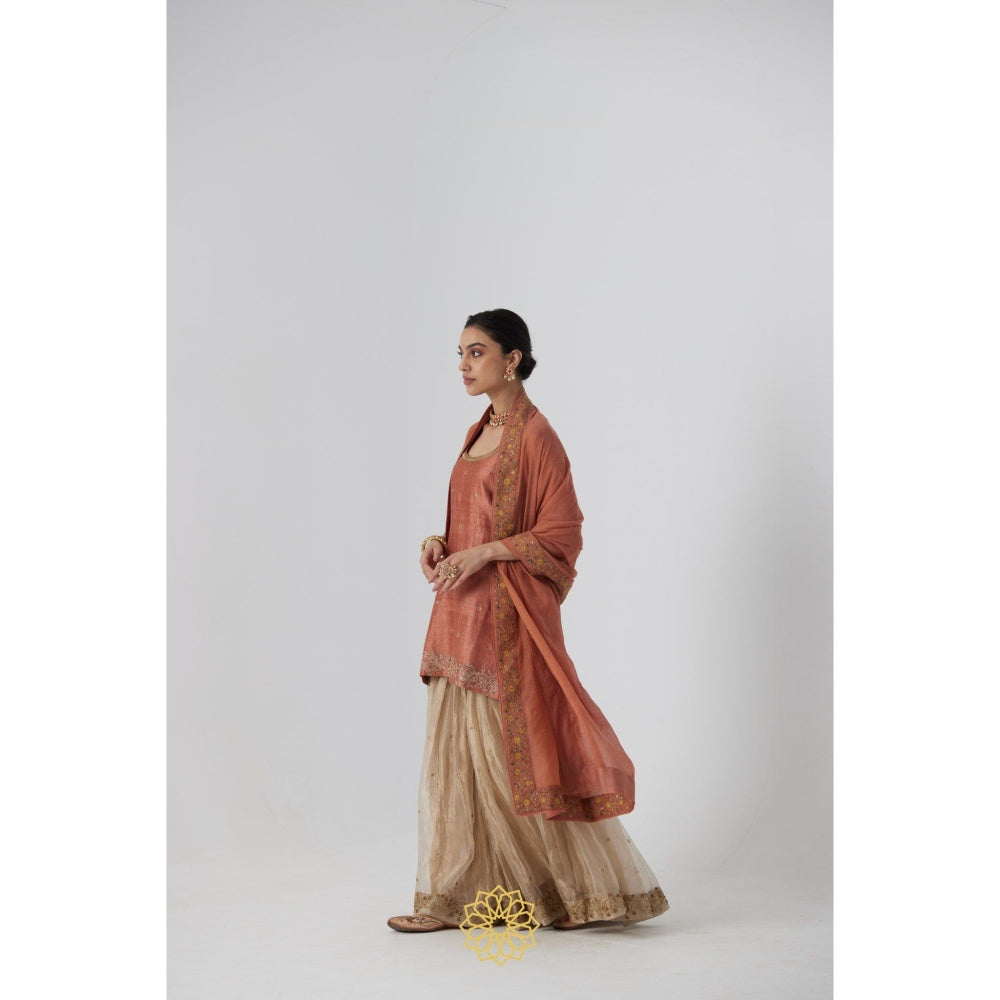 Rhua India Peach Tanira Short Kurta with Sharara and Dupatta (Set of 3)