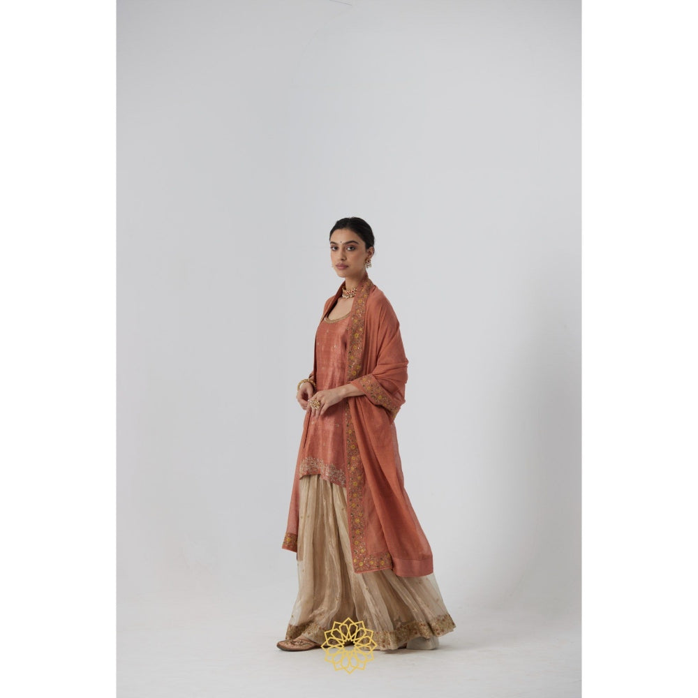 Rhua India Peach Tanira Short Kurta with Sharara and Dupatta (Set of 3)