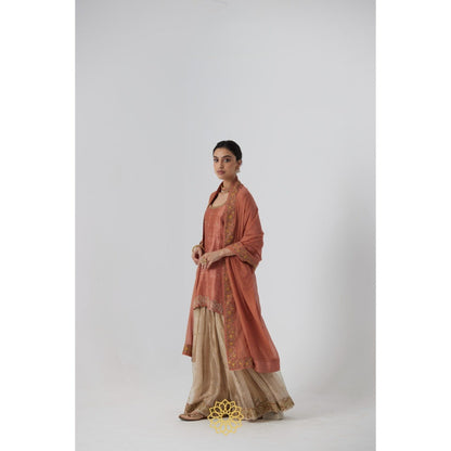 Rhua India Peach Tanira Short Kurta with Sharara and Dupatta (Set of 3)