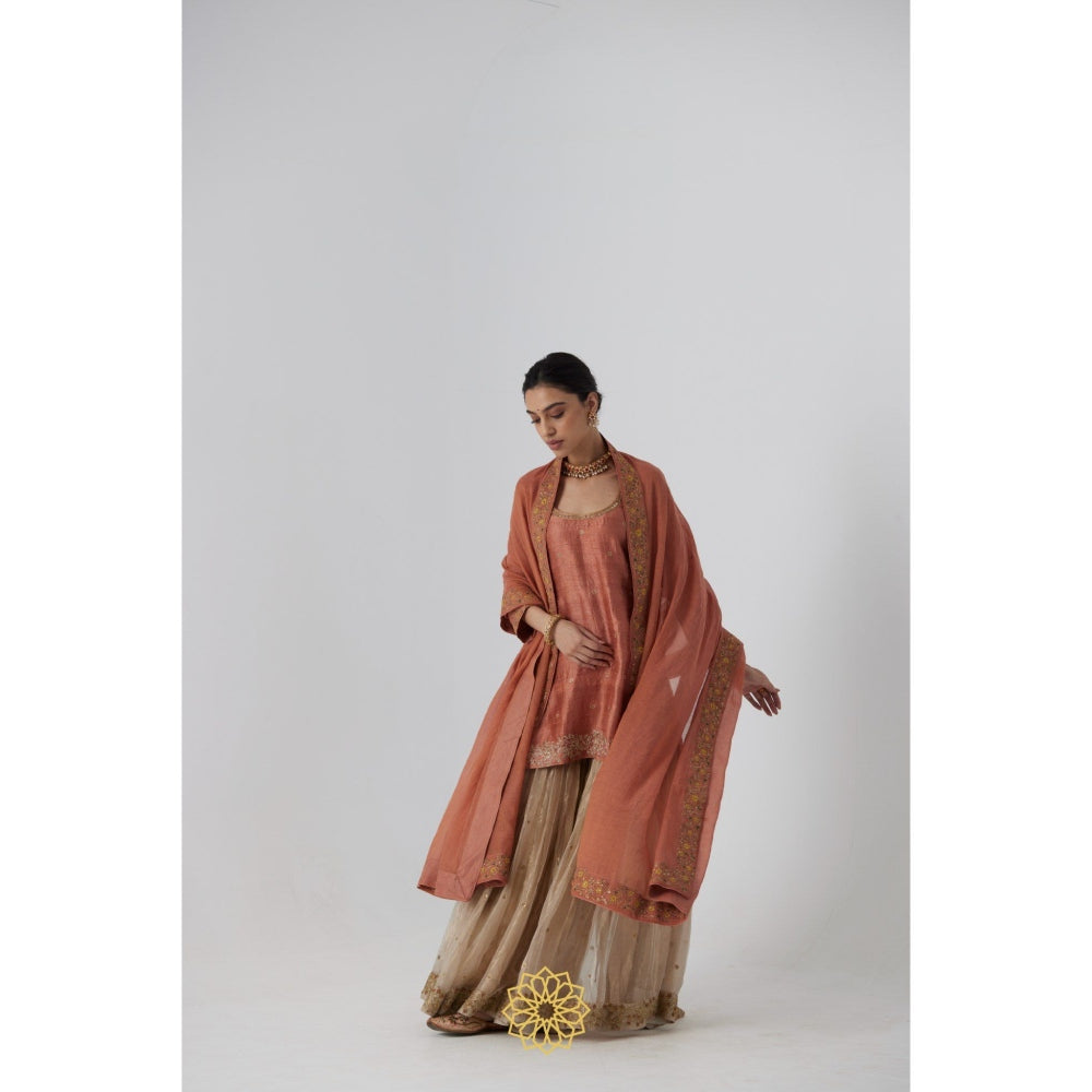 Rhua India Peach Tanira Short Kurta with Sharara and Dupatta (Set of 3)