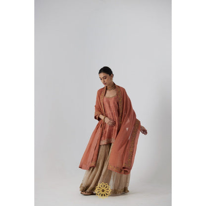 Rhua India Peach Tanira Short Kurta with Sharara and Dupatta (Set of 3)