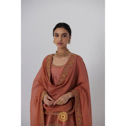 Rhua India Peach Tanira Short Kurta with Sharara and Dupatta (Set of 3)
