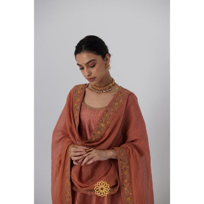 Rhua India Peach Tanira Short Kurta with Sharara and Dupatta (Set of 3)
