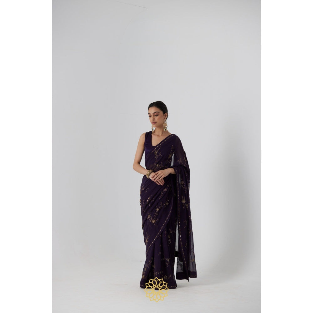 Rhua India Navy Blue Yutaka Classical Saree with Stitched Blouse and Petticoat