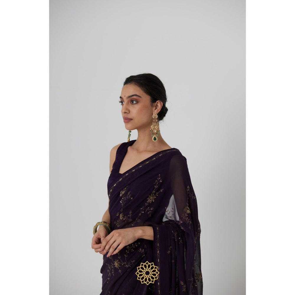 Rhua India Navy Blue Yutaka Classical Saree with Stitched Blouse and Petticoat