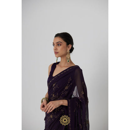 Rhua India Navy Blue Yutaka Classical Saree with Stitched Blouse and Petticoat