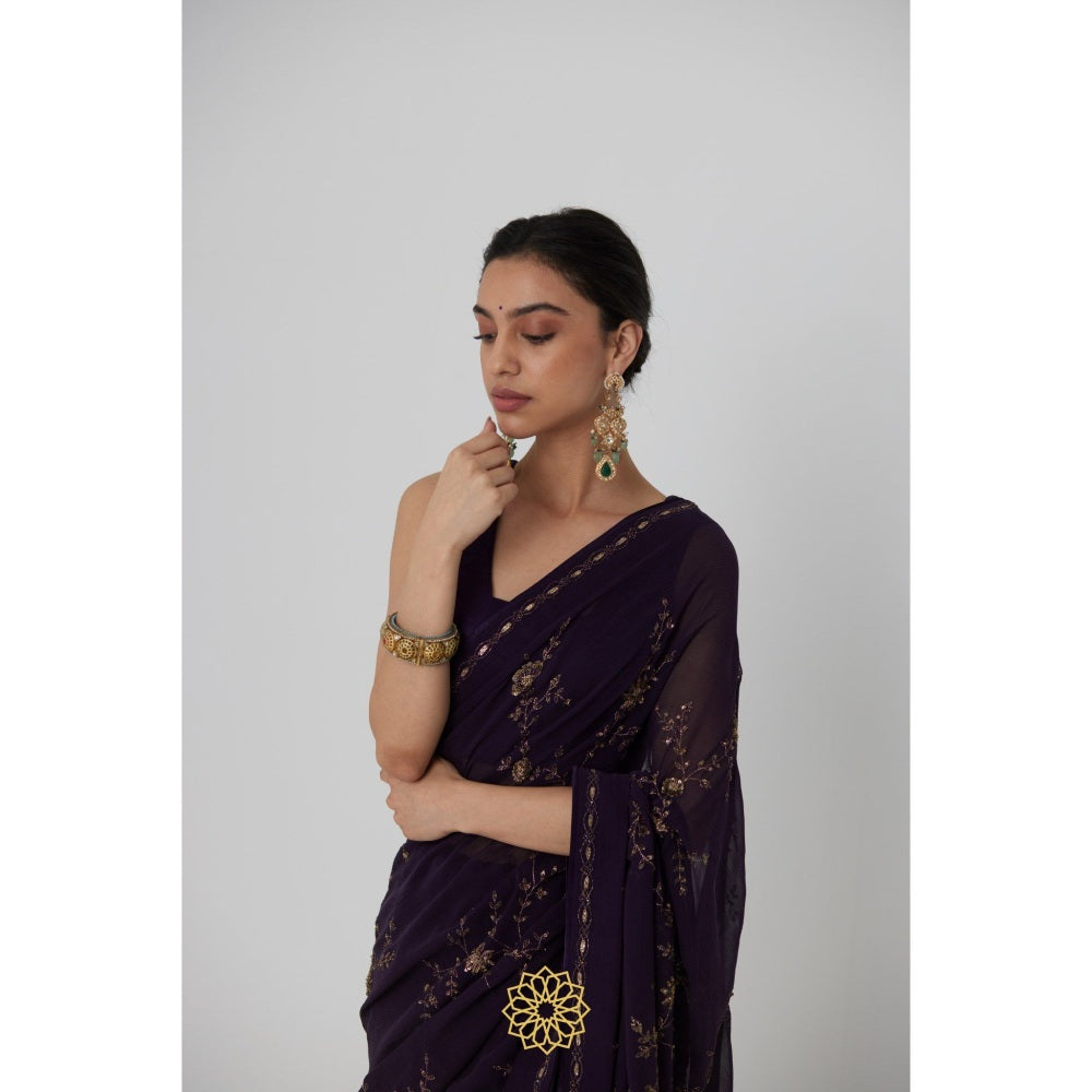 Rhua India Navy Blue Yutaka Classical Saree with Stitched Blouse and Petticoat