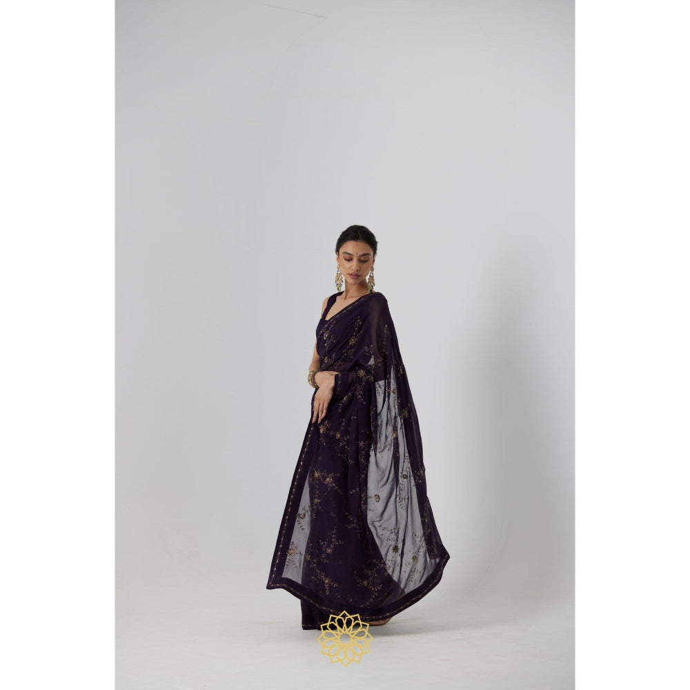 Rhua India Navy Blue Yutaka Classical Saree with Stitched Blouse and Petticoat