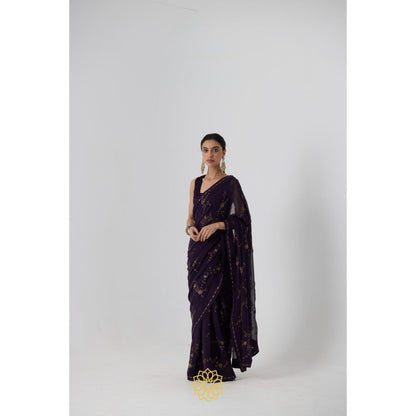 Rhua India Navy Blue Yutaka Classical Saree with Stitched Blouse and Petticoat