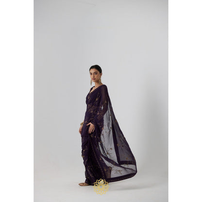 Rhua India Navy Blue Yutaka Classical Saree with Stitched Blouse and Petticoat