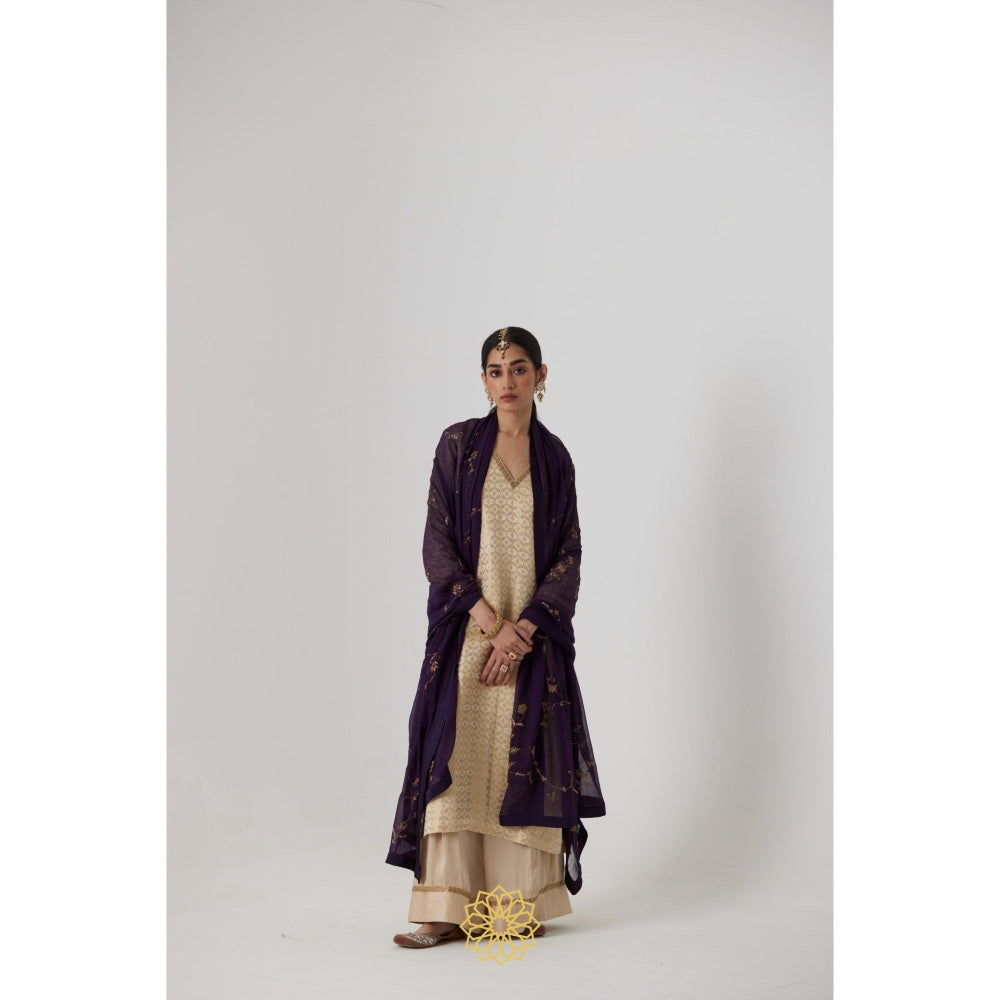 Rhua India Cream Prisha Straight Kurta with Palazzo and Dupatta (Set of 3)