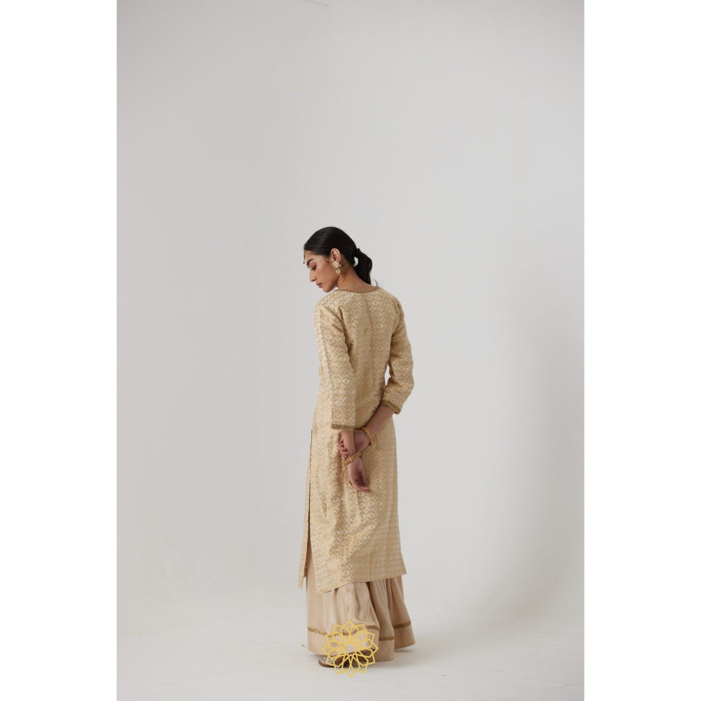 Rhua India Cream Prisha Straight Kurta with Palazzo and Dupatta (Set of 3)