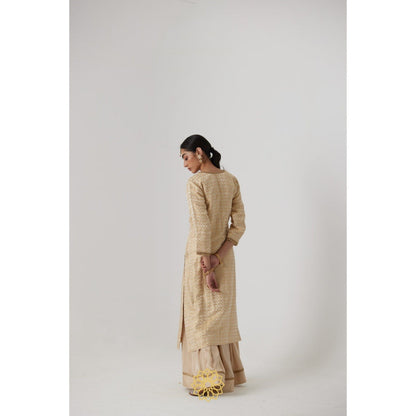 Rhua India Cream Prisha Straight Kurta with Palazzo and Dupatta (Set of 3)