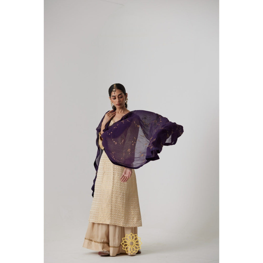 Rhua India Cream Prisha Straight Kurta with Palazzo and Dupatta (Set of 3)