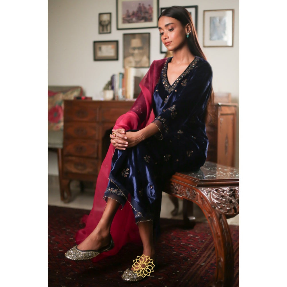 Rhua India Navy Blue Straight Kurta with Pant and Dupatta (Set of 3)