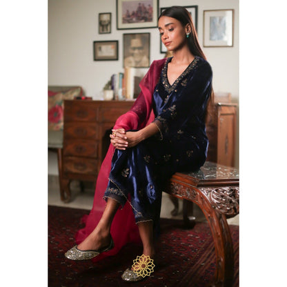 Rhua India Navy Blue Straight Kurta with Pant and Dupatta (Set of 3)