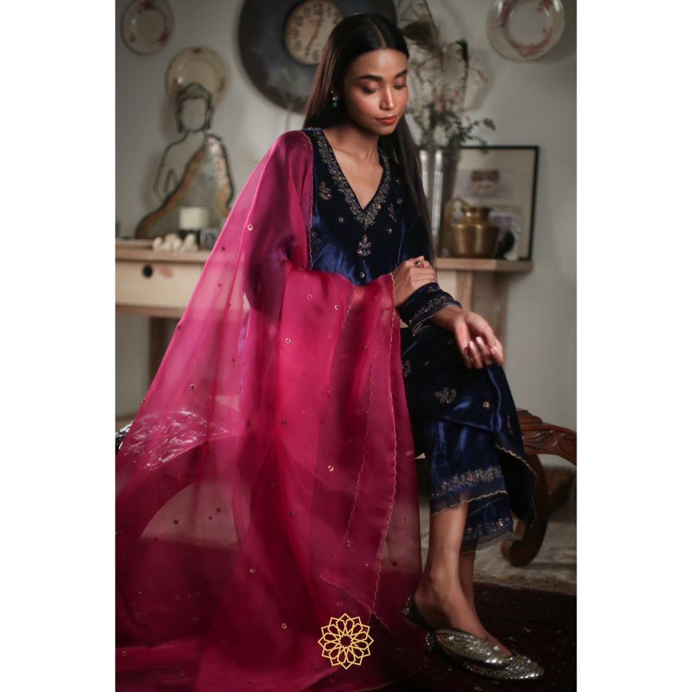 Rhua India Navy Blue Straight Kurta with Pant and Dupatta (Set of 3)