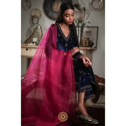 Rhua India Navy Blue Straight Kurta with Pant and Dupatta (Set of 3)