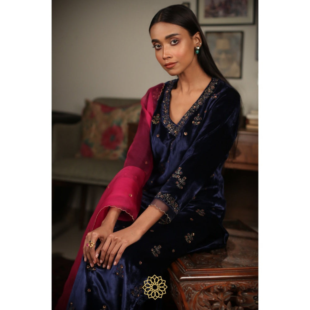 Rhua India Navy Blue Straight Kurta with Pant and Dupatta (Set of 3)