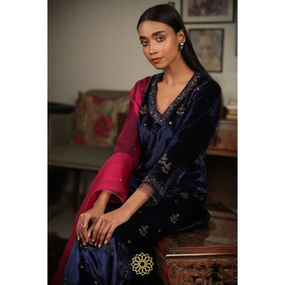 Rhua India Navy Blue Straight Kurta with Pant and Dupatta (Set of 3)