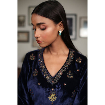 Rhua India Navy Blue Straight Kurta with Pant and Dupatta (Set of 3)