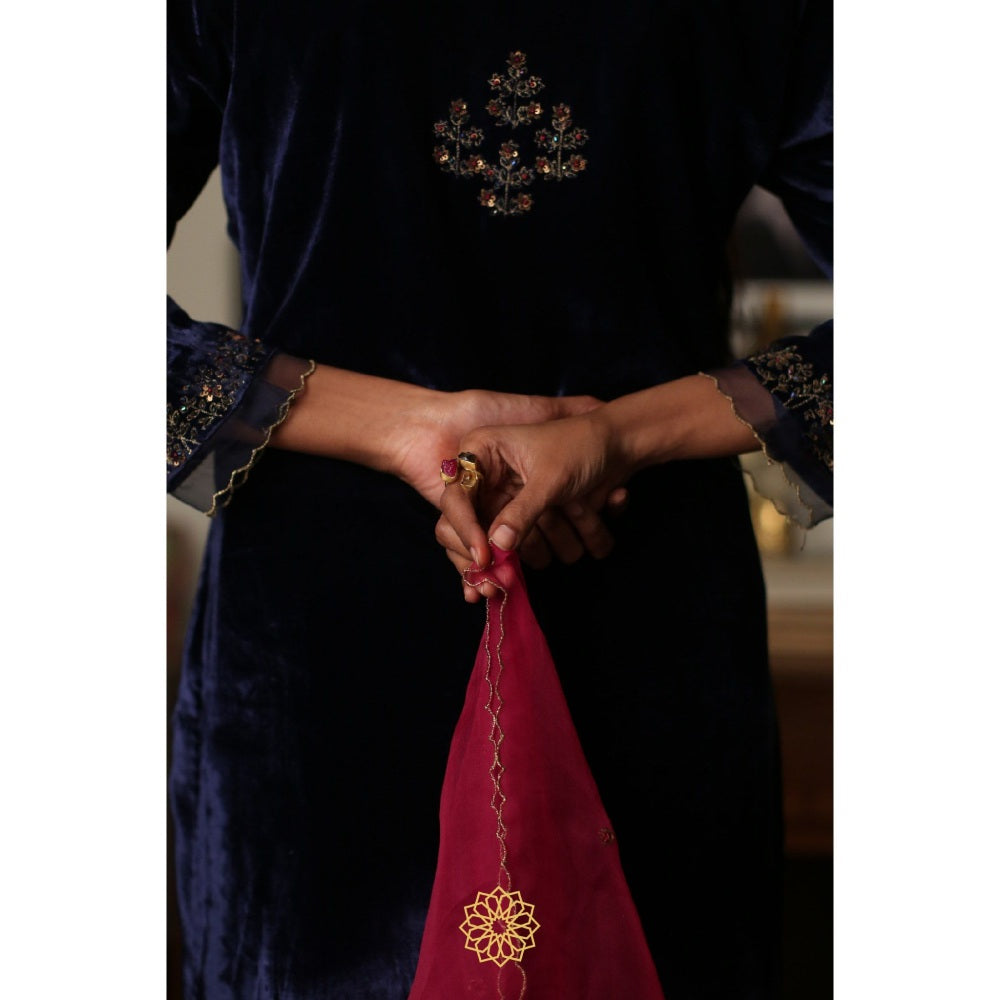 Rhua India Navy Blue Straight Kurta with Pant and Dupatta (Set of 3)