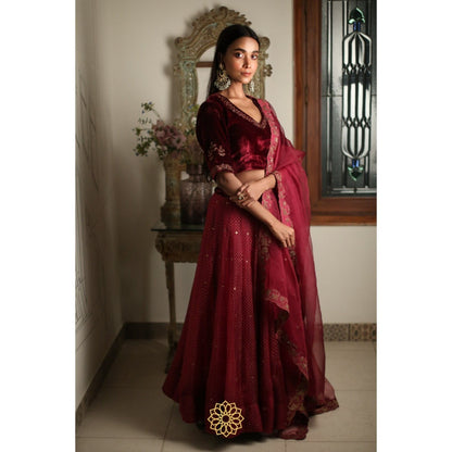 Rhua India Earthy Red Lehenga with Blouse and Dupatta (Set of 3)