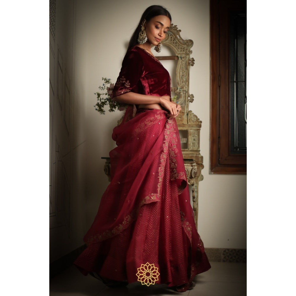 Rhua India Earthy Red Lehenga with Blouse and Dupatta (Set of 3)