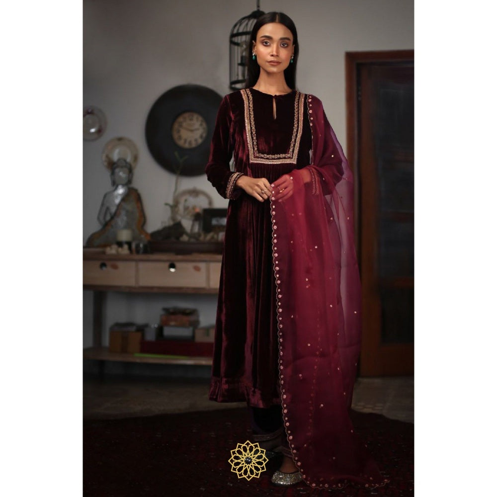 Rhua India Ruby Red Straight Kurta with Salwar and Dupatta (Set of 3)