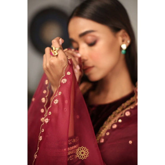 Rhua India Ruby Red Straight Kurta with Salwar and Dupatta (Set of 3)