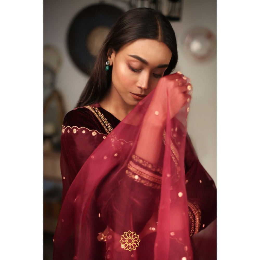 Rhua India Ruby Red Straight Kurta with Salwar and Dupatta (Set of 3)