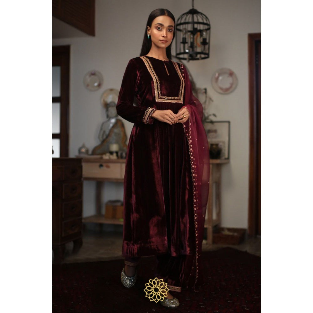 Rhua India Ruby Red Straight Kurta with Salwar and Dupatta (Set of 3)