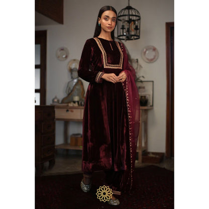 Rhua India Ruby Red Straight Kurta with Salwar and Dupatta (Set of 3)