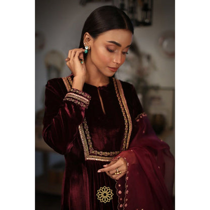 Rhua India Ruby Red Straight Kurta with Salwar and Dupatta (Set of 3)