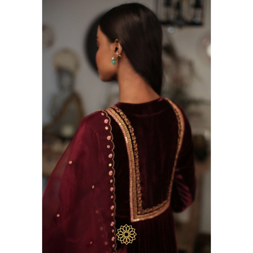 Rhua India Ruby Red Straight Kurta with Salwar and Dupatta (Set of 3)